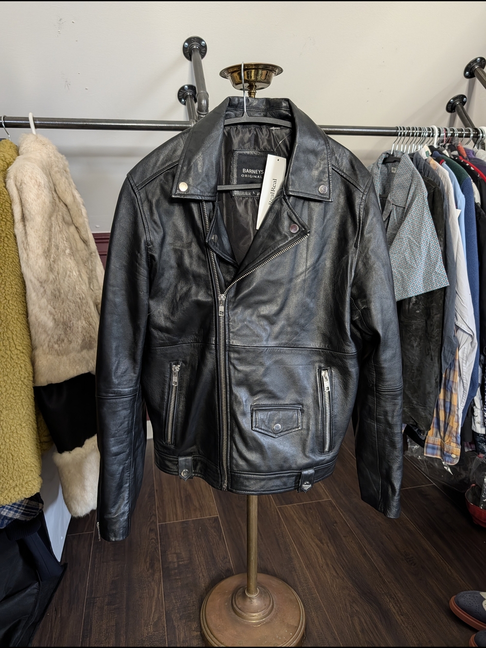 Barneys New York Black Zip-up Moto Biker Faux Leather Jacket L